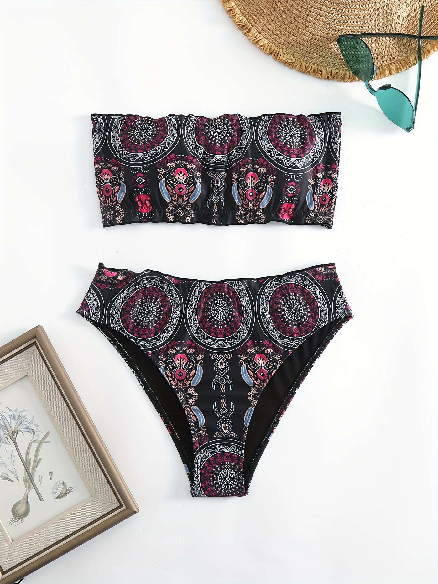 Geometric Pattern Bandeau Bikini 2 Piece Set Tube Top Tie Back