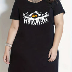 Halloween Nightdress Women's Witch Hat Pumpkin Print Tee Dress