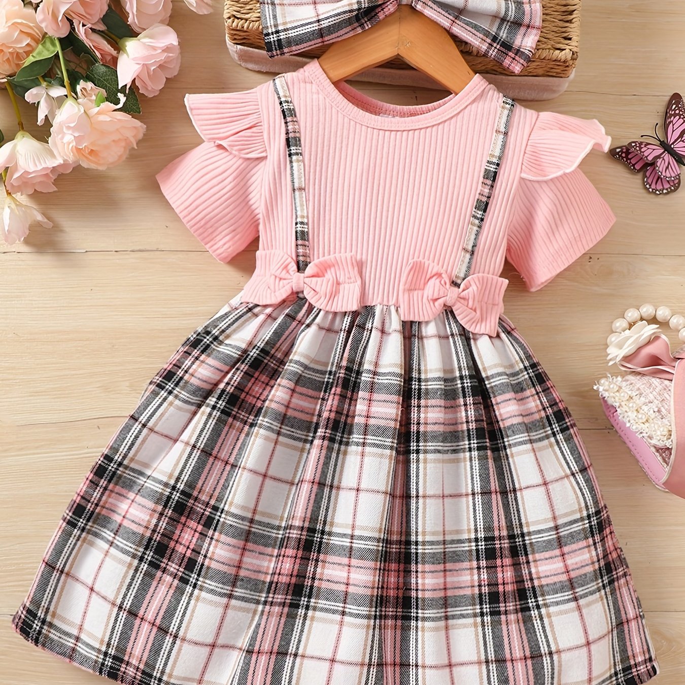 Toddler Girls Short Sleeve Plaid Graphic Bow Front Princess Tee