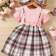 Toddler Girls Short Sleeve Plaid Graphic Bow Front Princess Tee