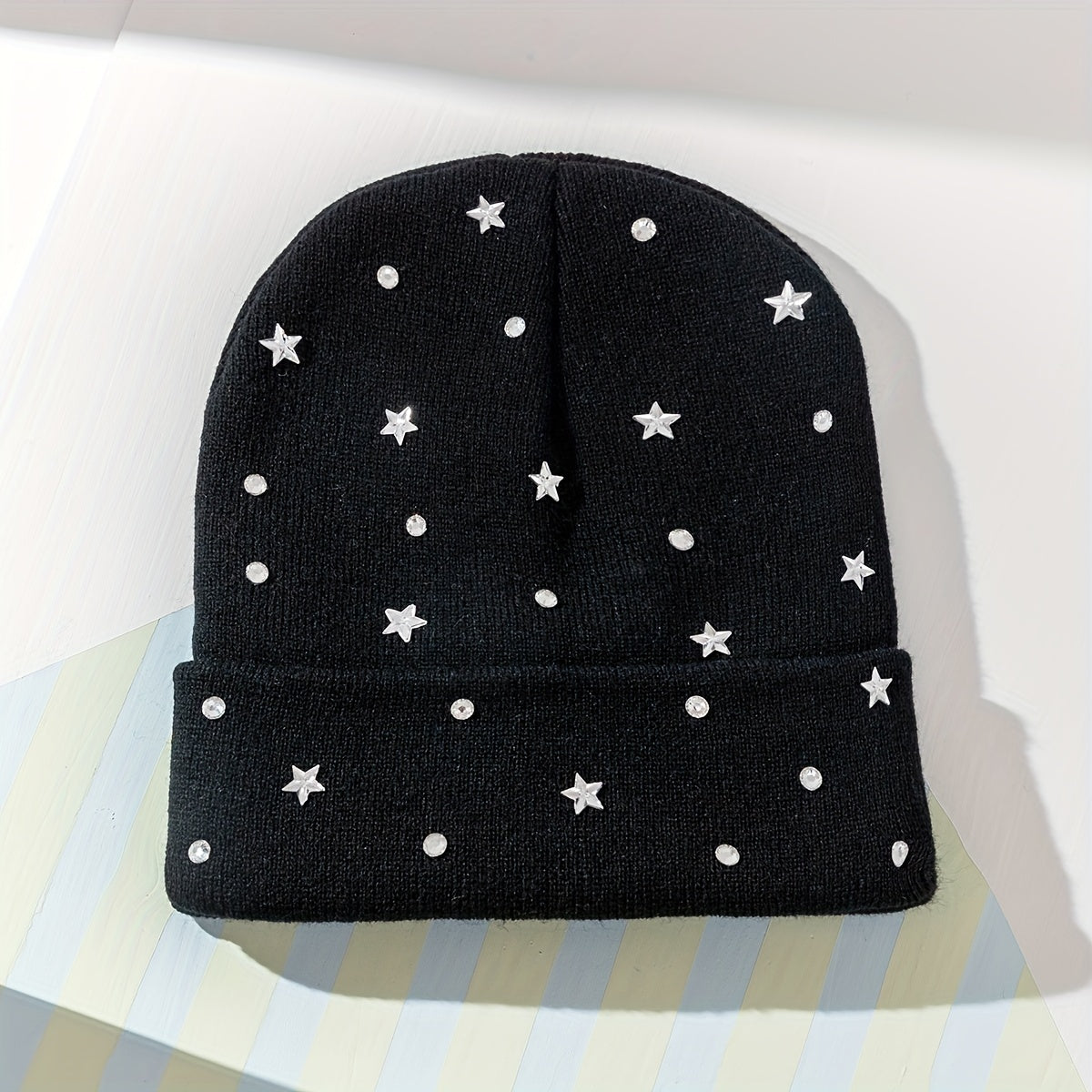 Crystal Star Beanie Knit Hat Elastic Warm Skull Cap for Women