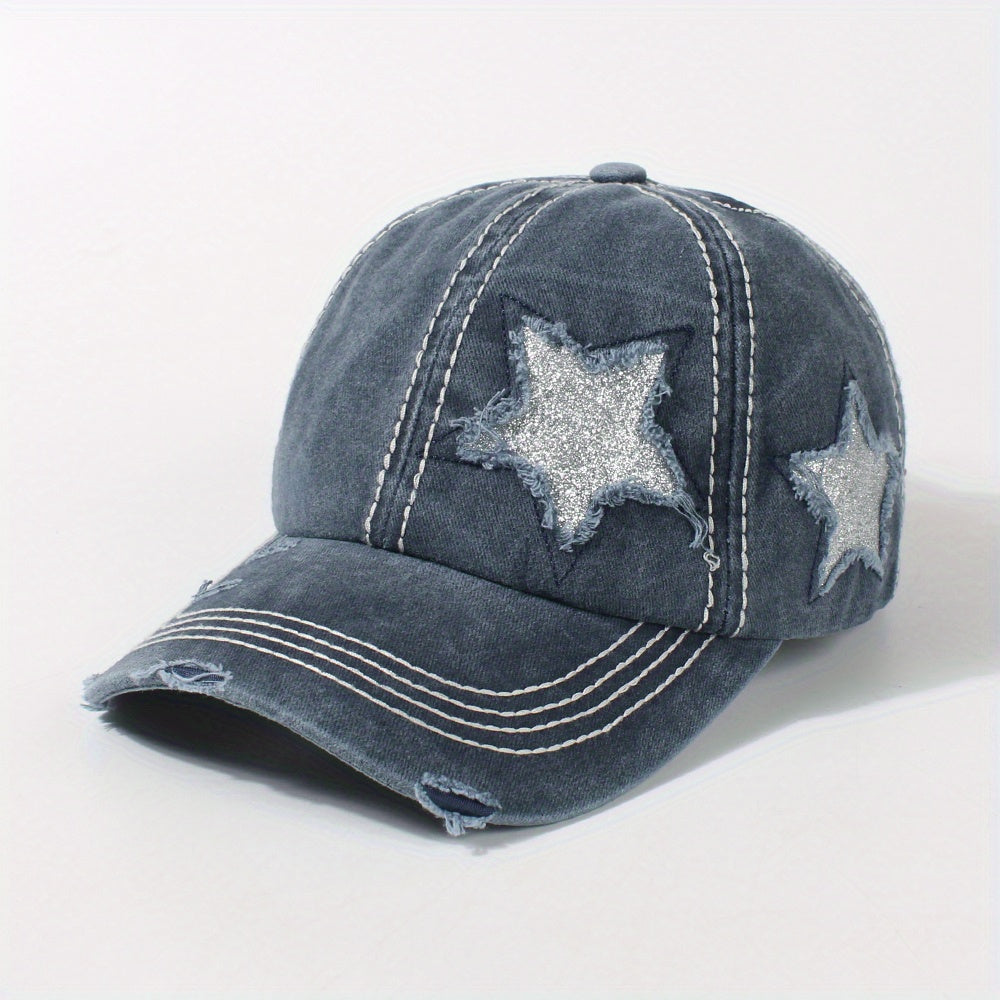Glitter Star Ripped Baseball Cap Ponytail Washed Distressed Dad Hat