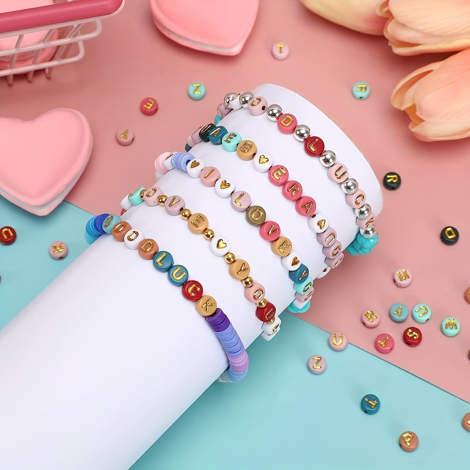 1000Pcs 4 7mm Colorful Acrylic Golden Letter Beads With Elastic String
