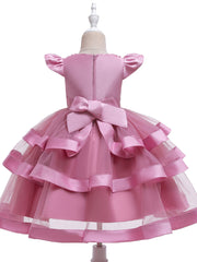 Girls Mesh Princess Dress Fly Sleeve Bow Belt Layer Dress