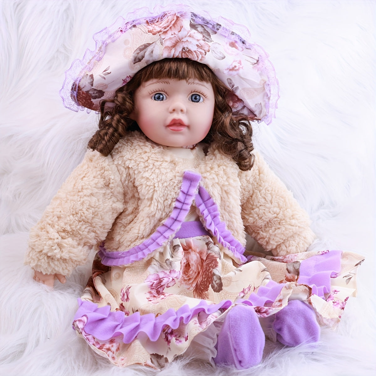 Realistic Reborn Baby Doll in Purple Floral Dress with Bunny Soft Body