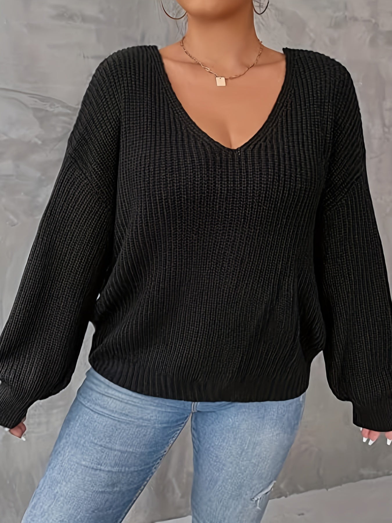 Casual Sweater Women's Plus Solid Lantern Sleeve V Neck Twist Back