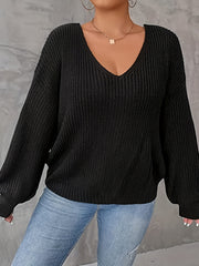 Casual Sweater Women's Plus Solid Lantern Sleeve V Neck Twist Back