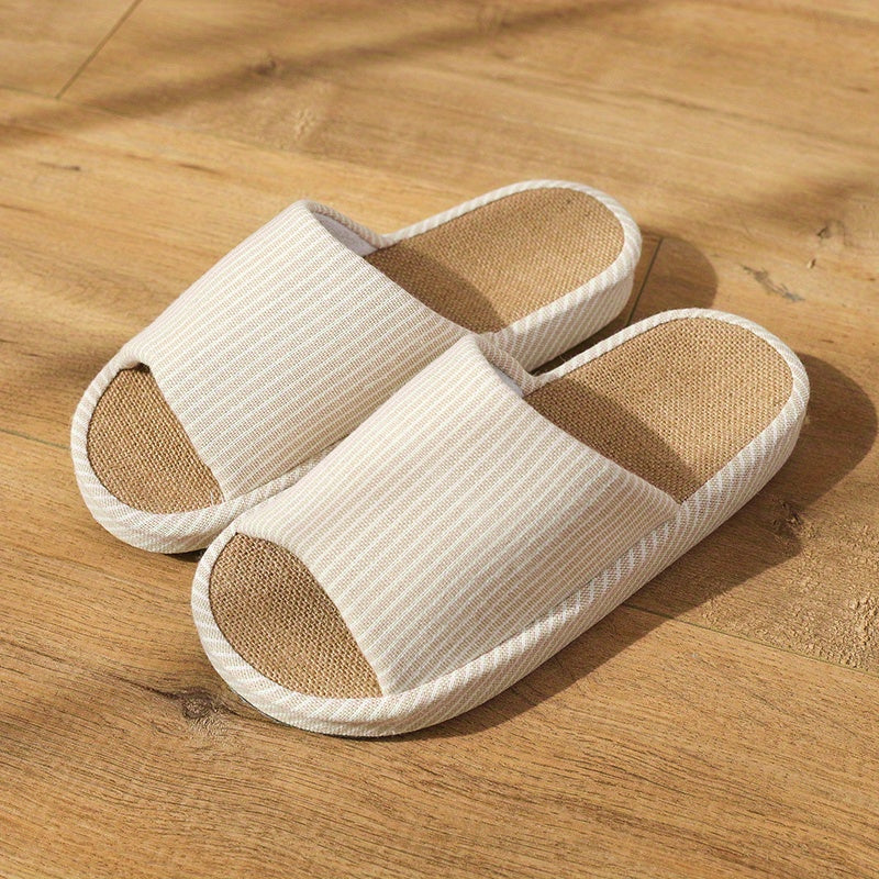Women's Striped Flat Slippers Linen Open Toe Soft Home Shoes