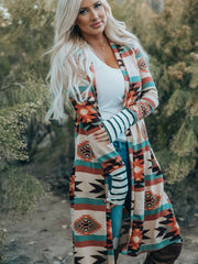 Women's Geometric Block Open Front Long Cardigan