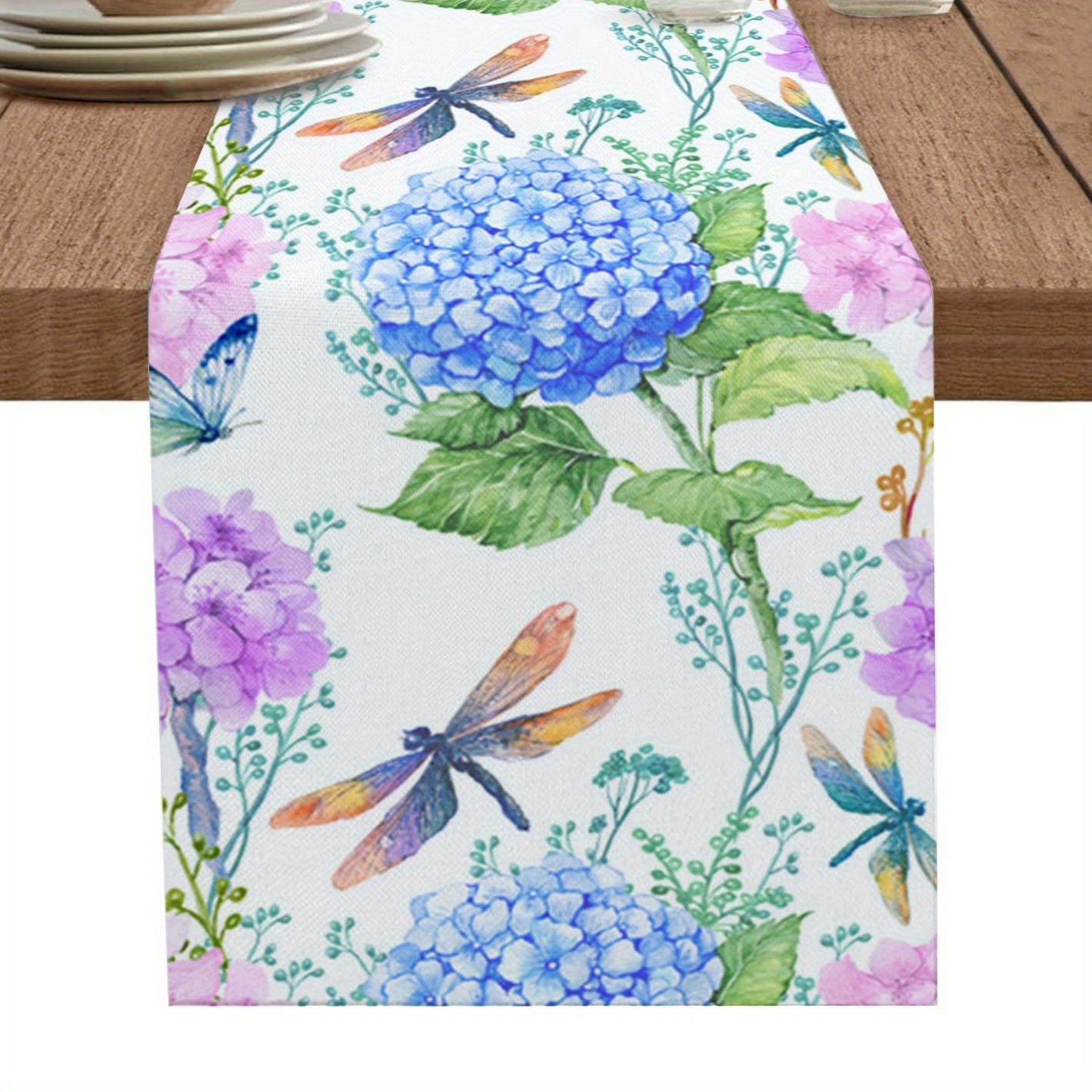 Long Spring & Purple Floral Hydrangea Watercolor Table Runner