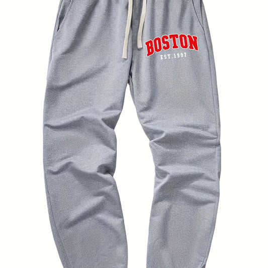 Boston Print Drawstring Sweatpants Men's Loose Fit Joggers