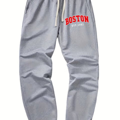 Boston Print Drawstring Sweatpants Men's Loose Fit Joggers