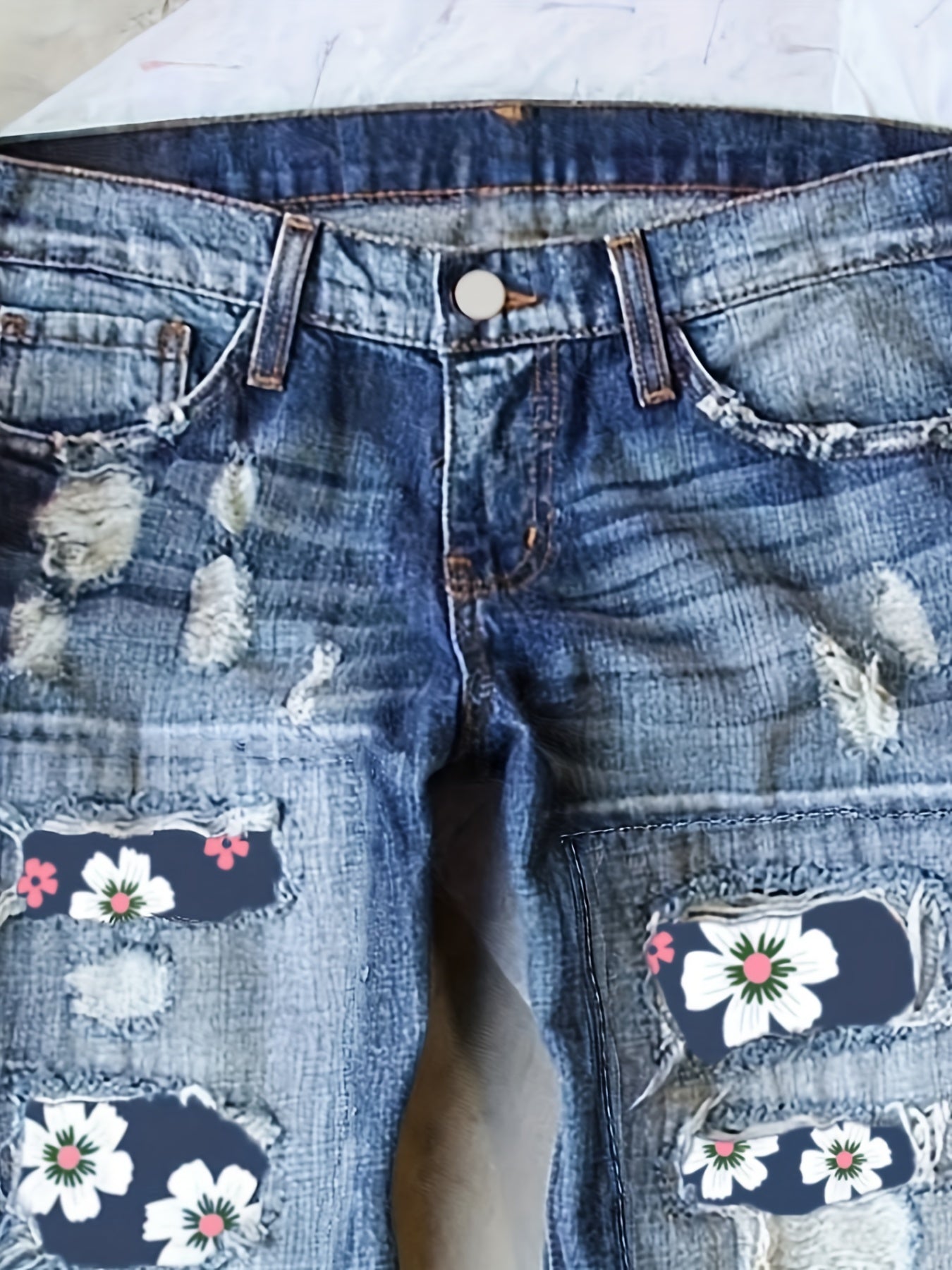 Floral Print Ripped Button Fly Jeans