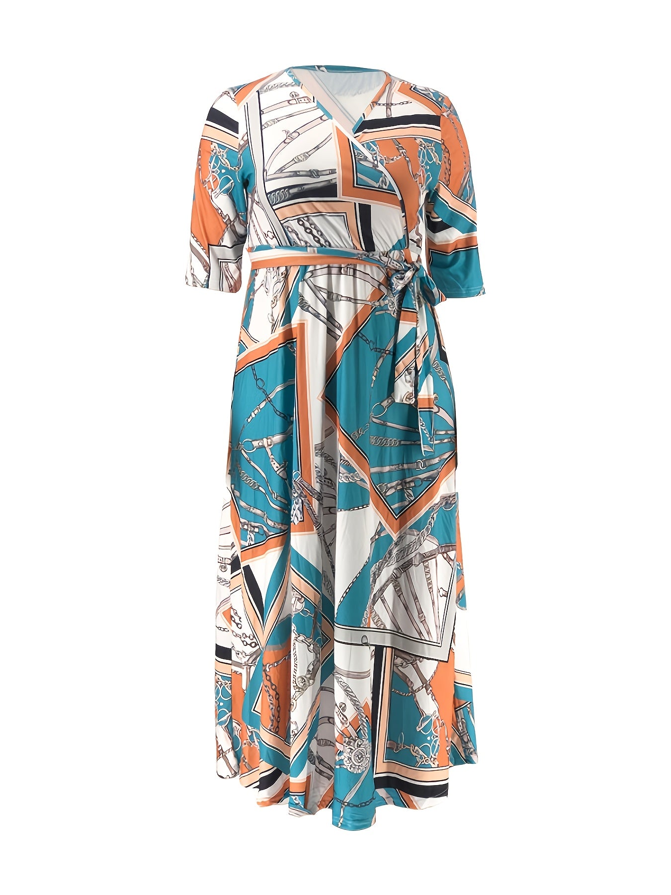 All Over Print V Neck Long Sleeve Wrap Maxi Dress Women's Plus Medium