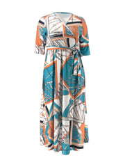 All Over Print V Neck Long Sleeve Wrap Maxi Dress Women's Plus Medium