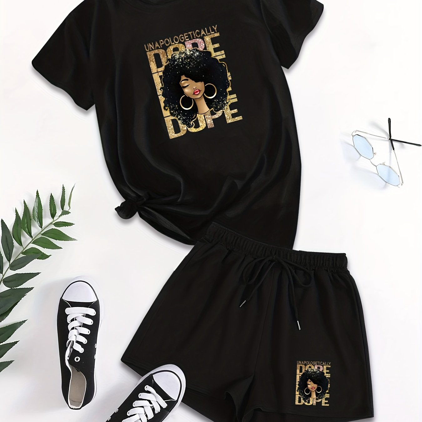 Graphic & Letter Print Casual Short Sleeve T-shirt & Drawstring Waist Set