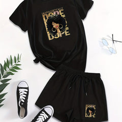 Graphic & Letter Print Casual Short Sleeve T-shirt & Drawstring Waist Set