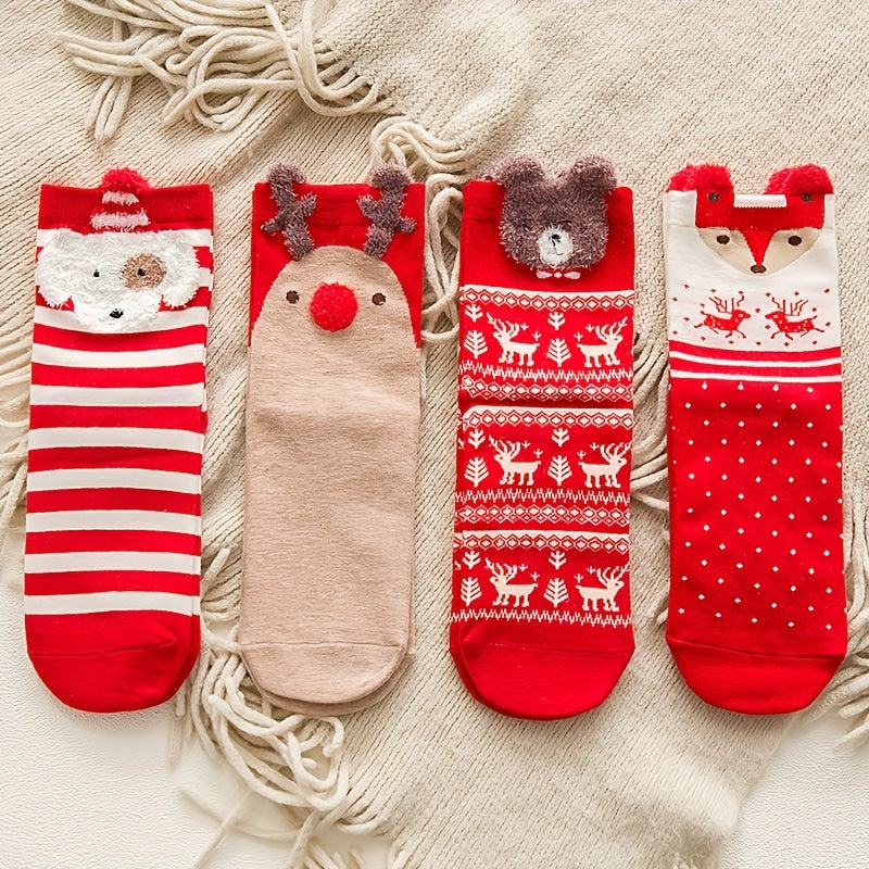 4 Pairs Christmas Cartoon Socks Women's Mid Tube Stockings