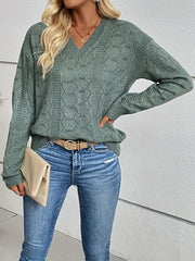 Eyelet V Neck Pullover Sweater for Fall & Winter