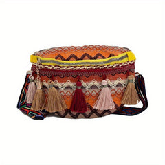 Boho Style Ethnic Tassel Woven Waist Bag Zipper Crossbody Bag
