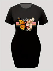 Floral Butterfly Print Round Neck Tee Dress