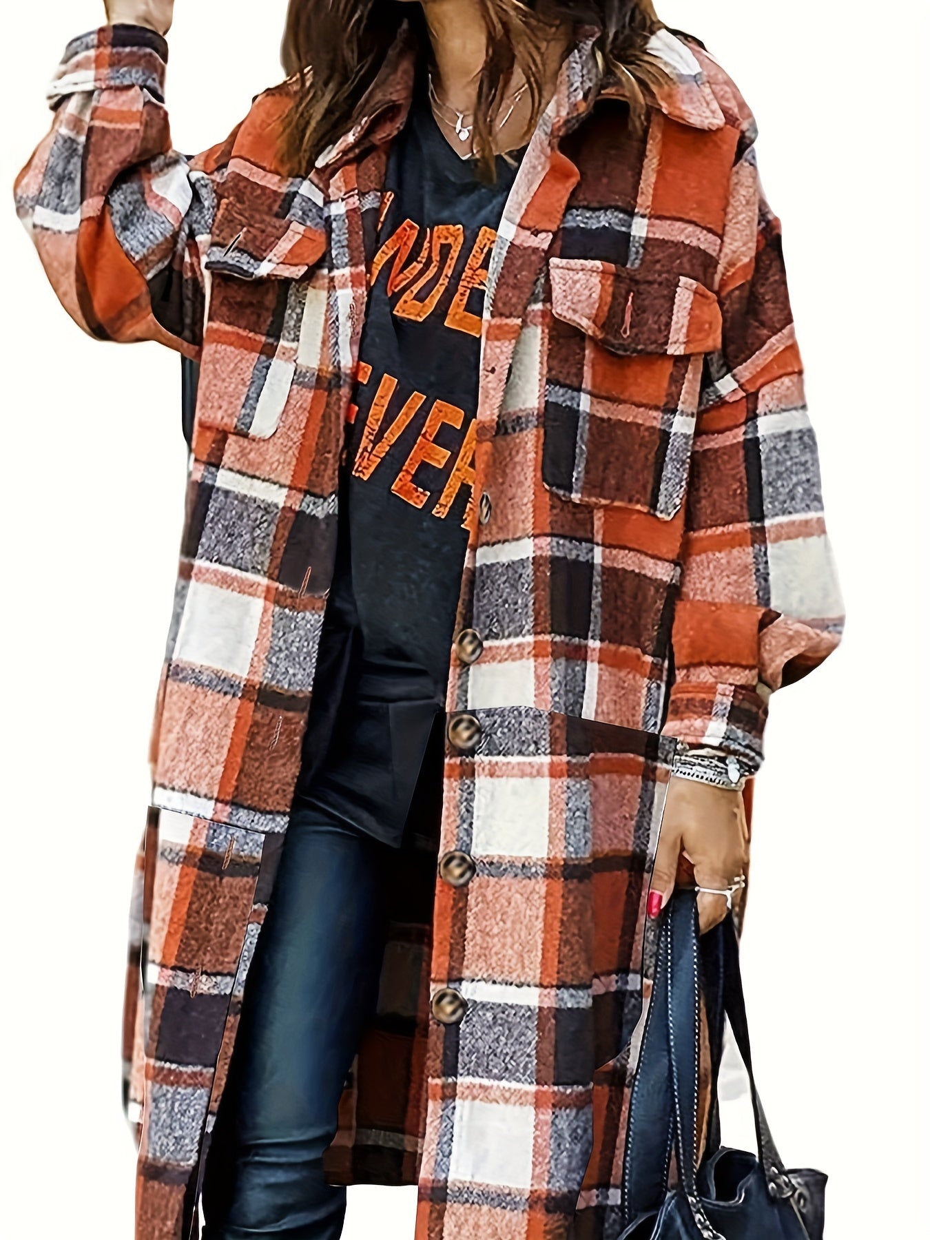 Plaid Print Shacket Jacket Button Front Long Sleeve Women's Outerwear