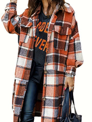Plaid Print Shacket Jacket Button Front Long Sleeve Women's Outerwear