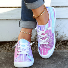 Women's Block Flower Walking Shoes Lace Up Low Top Casual Flat Sneakers