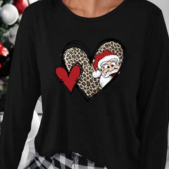 Christmas Heart Print Lounge Top Long Sleeve Crew Neck Women's Loungewear