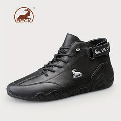 Men's Lace up Boots Casual Leather Walking Shoes With Hook And Loop