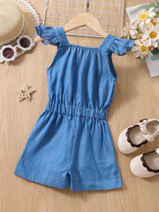 Girls Ruffled Denim Shorts Romper with Bow - Summer Casual