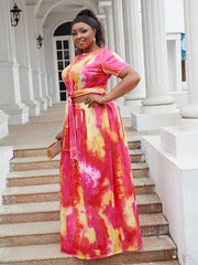 Tie Dye Print Short Sleeve Crop Top & Maxi Skirt Set Plus Size