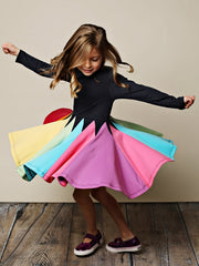 Girls Long Sleeve Round Neck Block Rainbow Princess Dress Kids Clothes