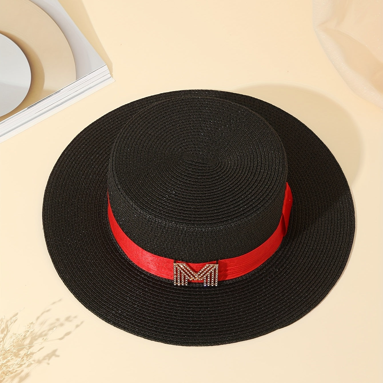 Rhinestone M Label Sun Hat Classic Straw Jazz Hats Foldable Summer Travel Beach