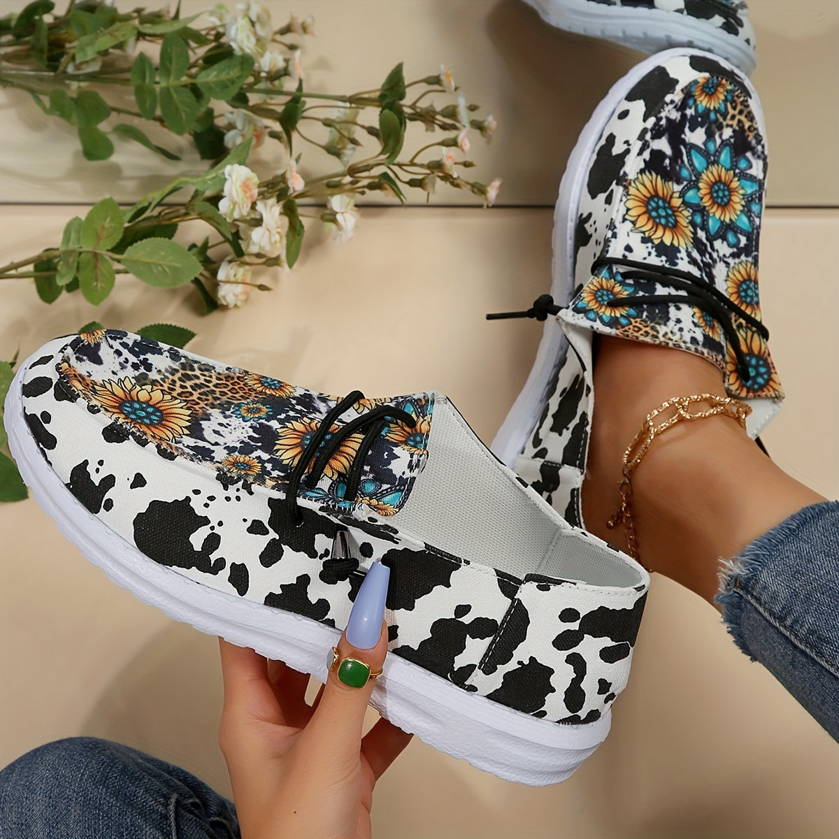 Sunflower Pattern Lace up Boat Shoes Low Slip on Flat Shoes Women