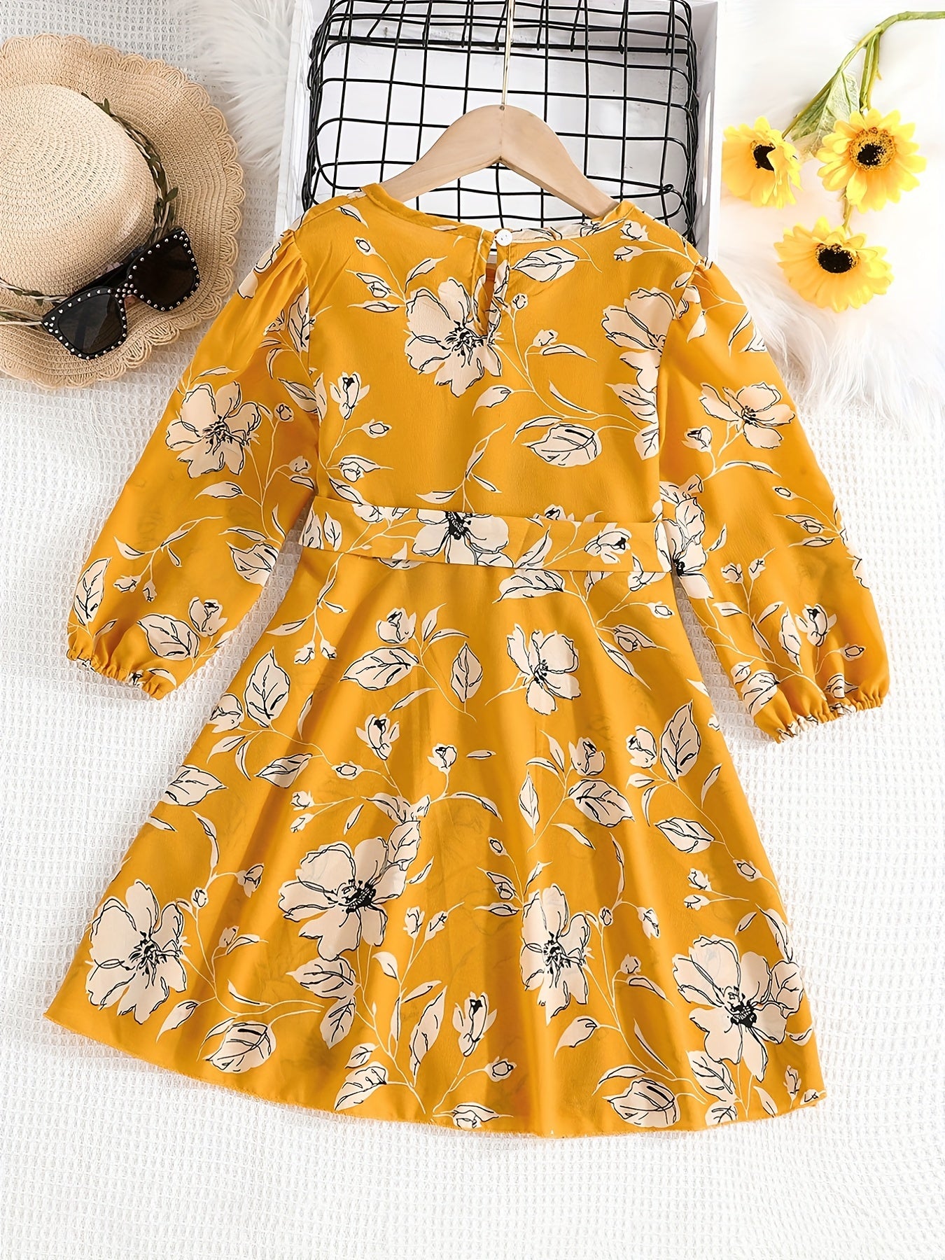 Floral Print Flounce Sleeve Belted Dress