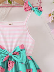 Toddler Girls Watermelon Stripes Graphic Bow Shoulder Cami Princess Dress