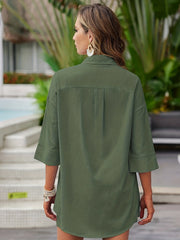 Casual Solid Two piece Shorts Set Button Front Shirt & Elastic Shorts