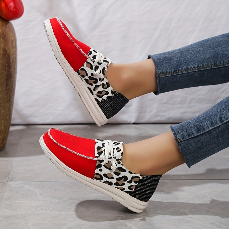 Leopard Print Flat Sneakers Lightweight Red Lace Up Loafers Casual Shoes
