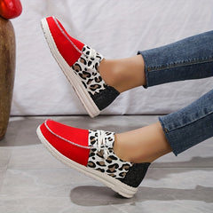 Leopard Print Flat Sneakers Lightweight Red Lace Up Loafers Casual Shoes