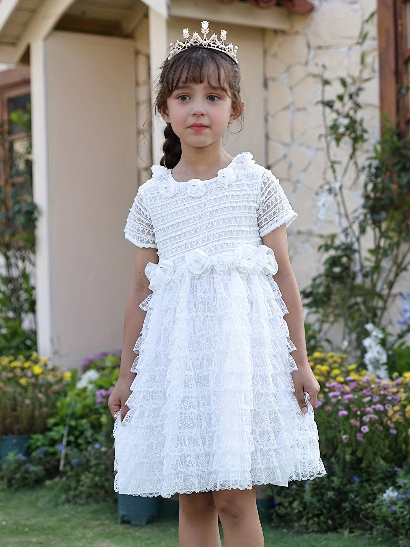 Girl's Lace Dress With Rose Appliques Grace Dress For Wedding
