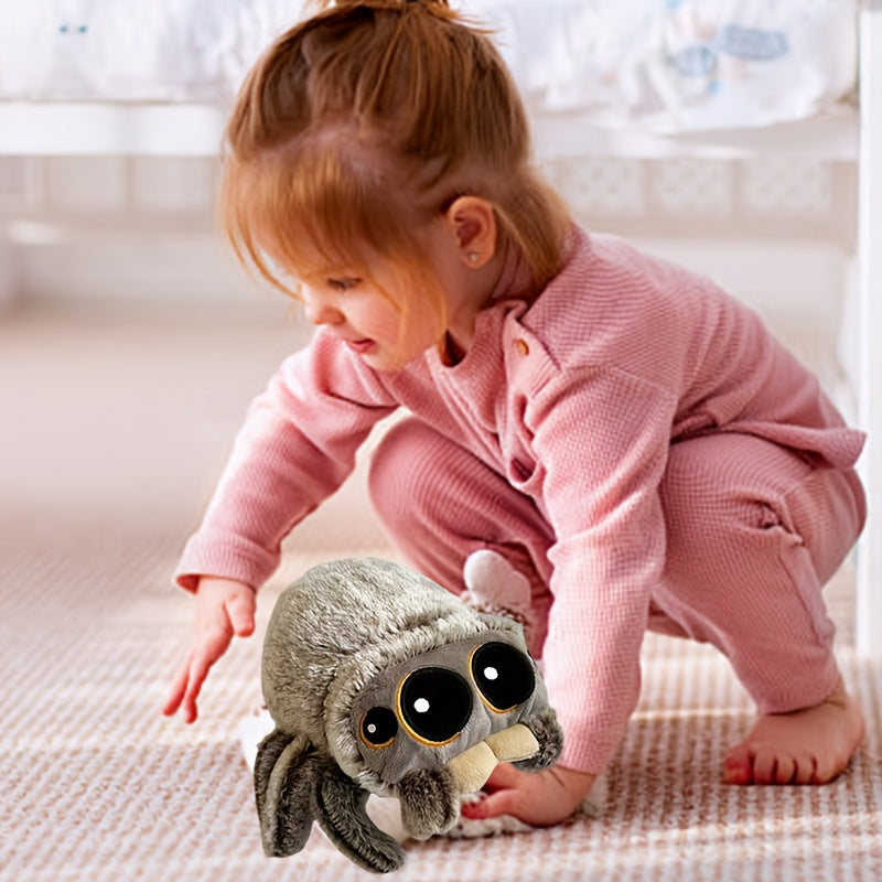 Gray & Brown Plush Spider Toy with Expressive Eyes Soft Stuffed Animal