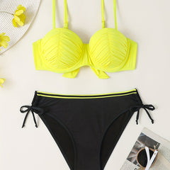 Yellow Ruched Bust Bikini Set Tie Back Contrast Trim Bathing Suit
