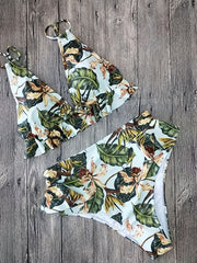Tropical Print Bikini Set V Neck Backless High Cut High Waist Beachwear