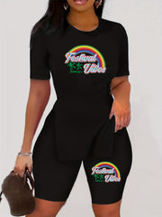 Rainbow Print Two-piece Set Short Sleeve T-shirt & Shorts Women's Clothing