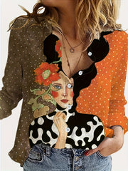 Colorblock Print Button Up Long Sleeve Blouse