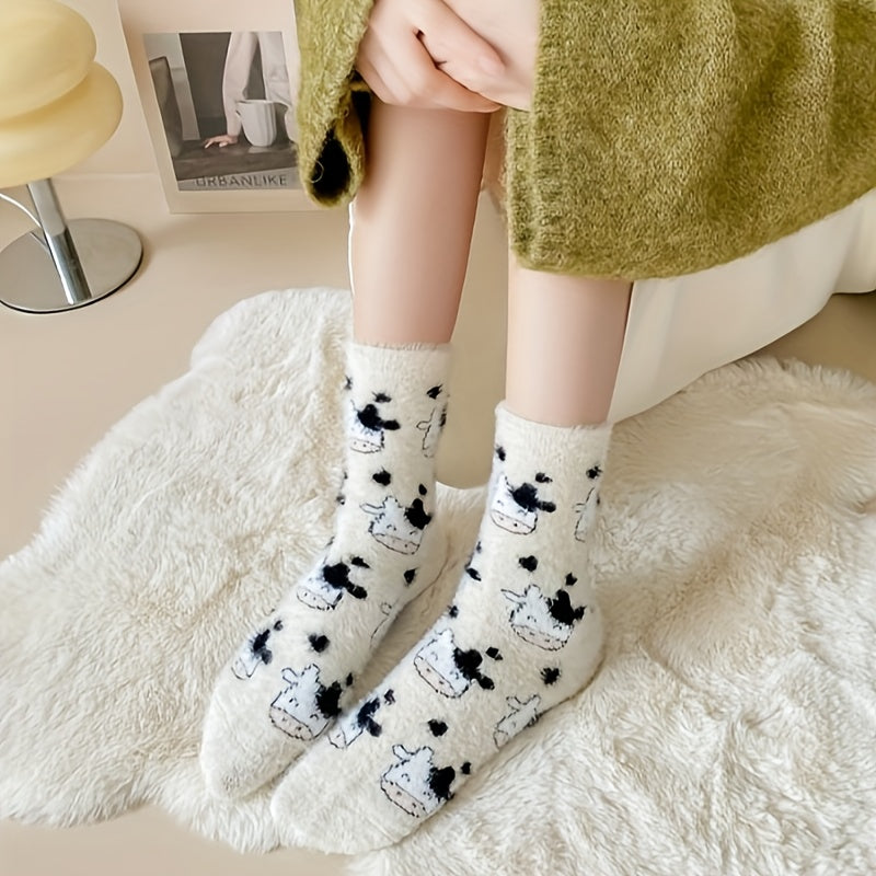 3 Pairs Animals Pattern Socks Warm & Fuzzy Mid Tube Women's Stockings