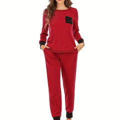 Colorblock Lounge Set Long Sleeve Crew Neck Top & Pants Women's Loungewear