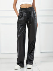 Soft PU Leather Casual Sports Pants Elastic Waist Running Jogging Pants