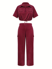 Solid V Neck Top & Pants Set